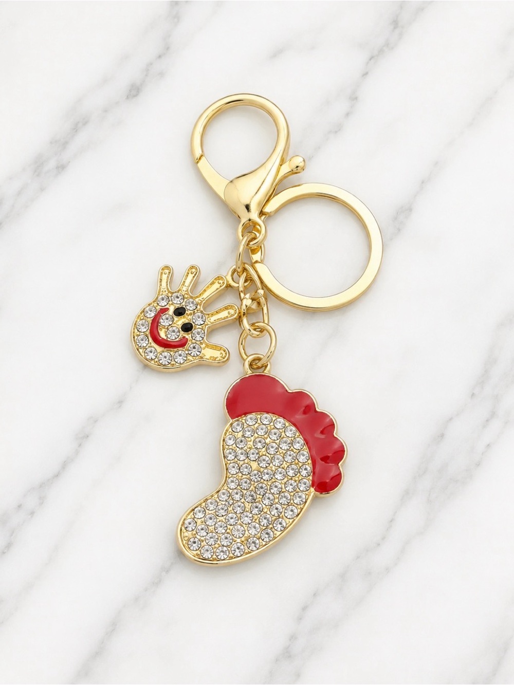 Gold-Tone Red Crystal Footprint & Hand Bag Charm/Keyring